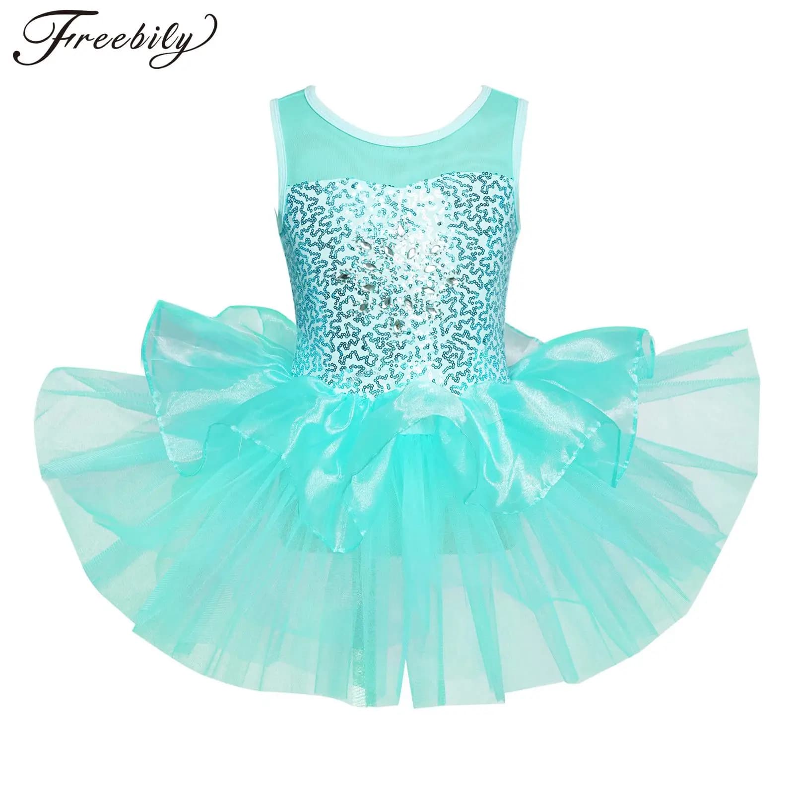 Kids Girls Ballet Dance Tutu Sleeveless Shiny Sequins Leotards Dress Ballerina Gymnastics Skating Stage Performance Dancewear