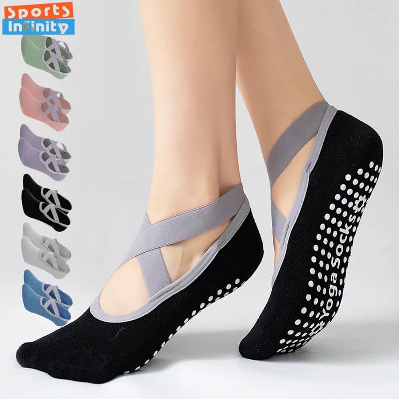 EU35-42 Women Pilates Socks Silicone Anti Slip Yoga Socks Grips & Straps Bandage Cotton Indoor Ballet Dance Sports Fitness Socks