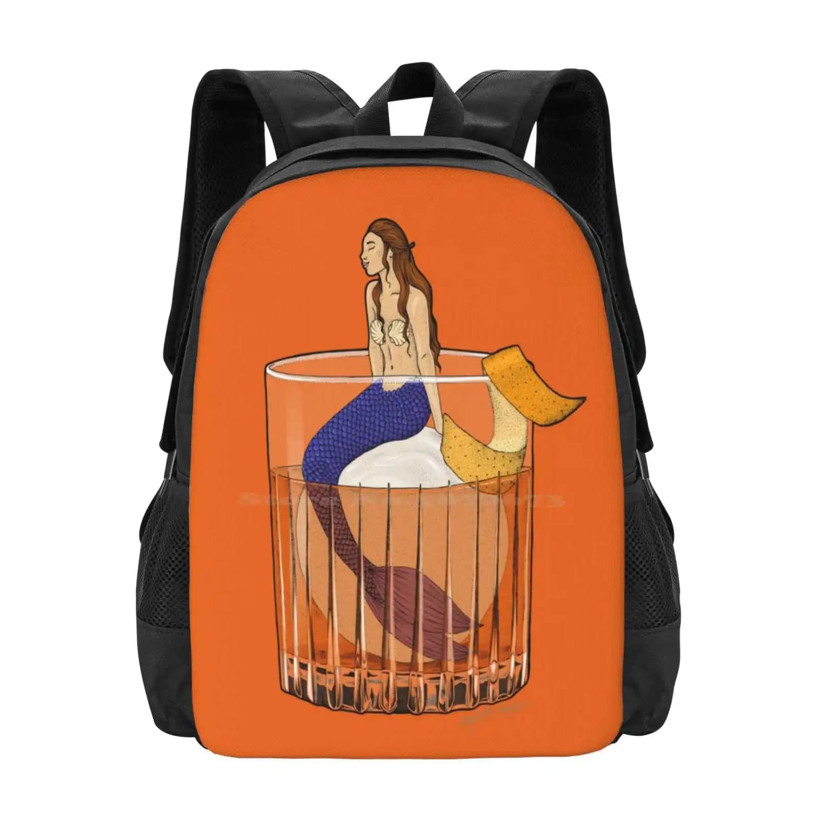Old Fashioned Mermaid Cocktail Illustration Hot Sale Schoolbag Backpack Fashion Bags Whiskey Bourbon Classic Cocktail Old
