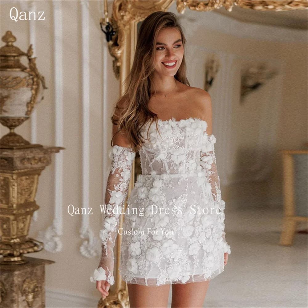 Qanz Short Wedding Dresses White Flowers Mermaid Detachable Sleeves Vestidos De Novia Vestidos En Oferta Liquidación Customized