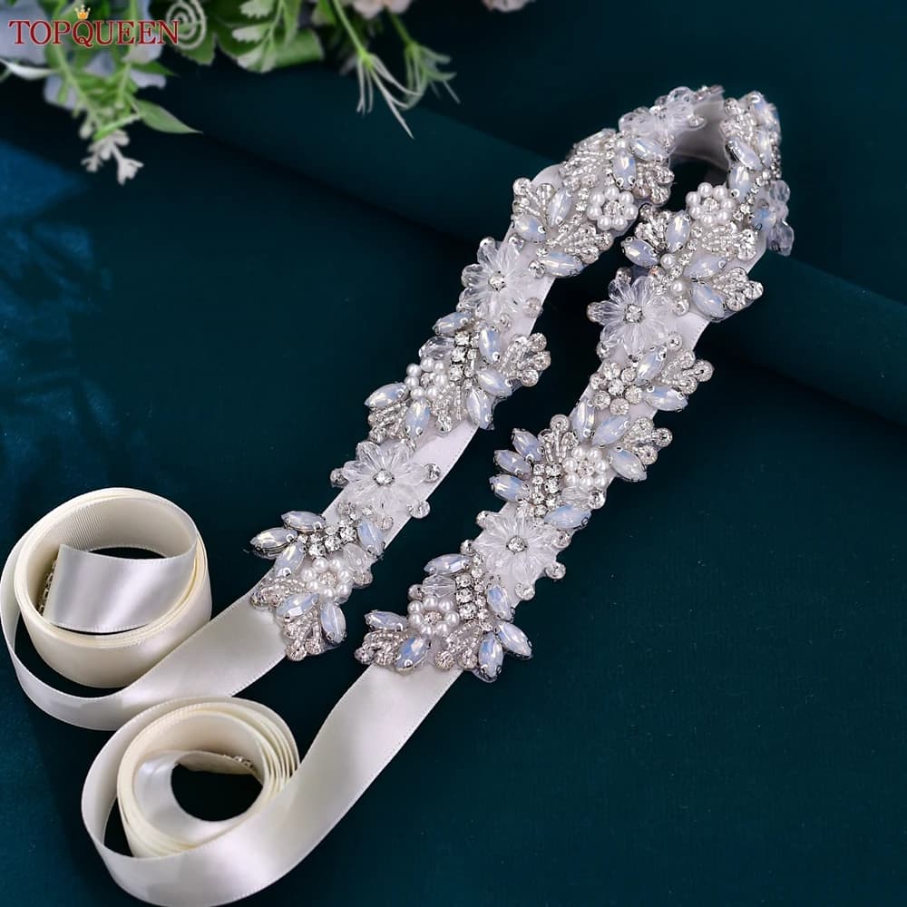 TOPQUEEN Wedding Belt Woman Bridal Clear Crystal Opal Cristal Belt for Evening Party Dresses Ladies Bride Belt S434