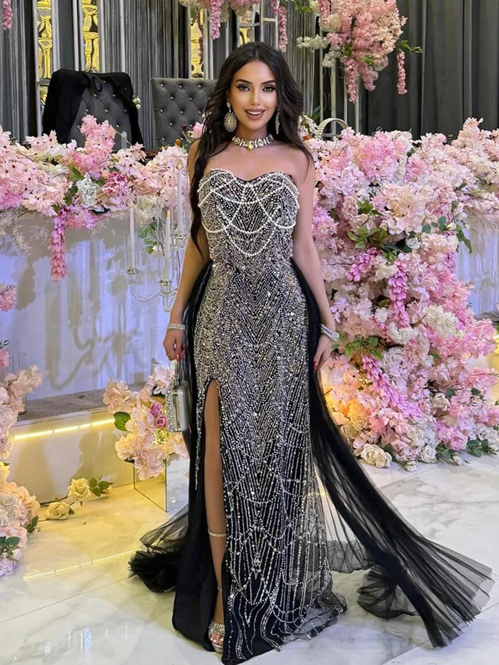 Multi- Colors Luxury Crystal Pearls Evening Dresses Sexy Beading Arabic Prom Dress Slit Formal Occasion Wedding Dress Customized