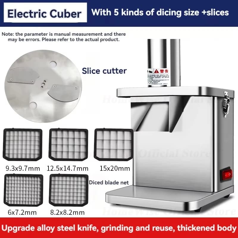 HomeWise Commercial Electric Vegetable Cube Cutting Machine Fruit Slicer Cutting Strip Dice Food Processor With 5 Blades