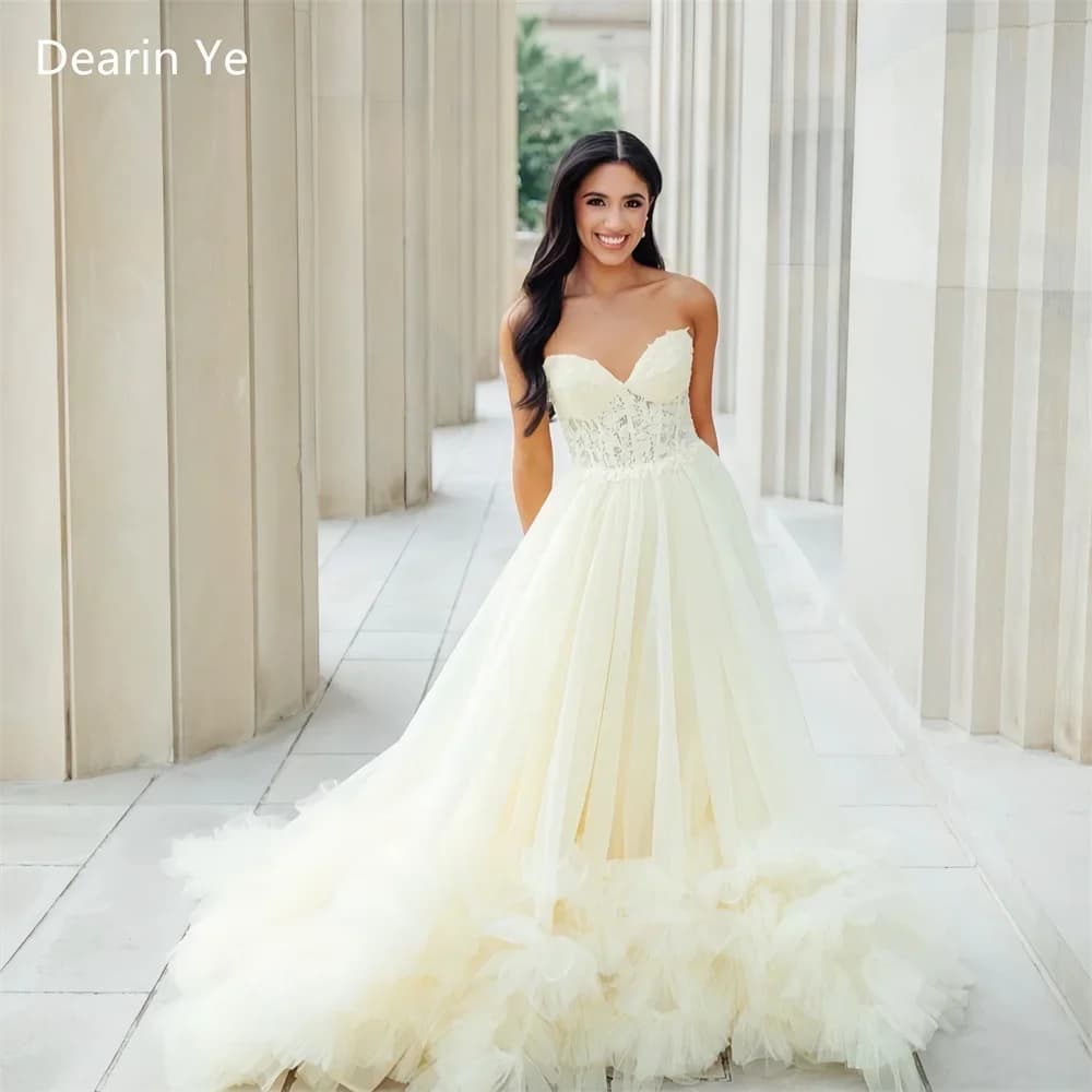 Customized Prom Dress Evening Formal Gown Dearin Strapless Ball Floor Length Open Back Skirts Draped Tulle Sleeveless Flouncing