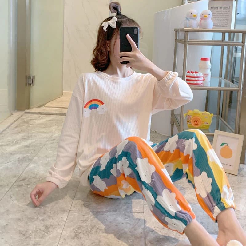 Cotton Pajamas Female New Style Spring and Autumn Pullover Long-sleeved Trousers Rainbow Set Fallow Loungewear in The Winter