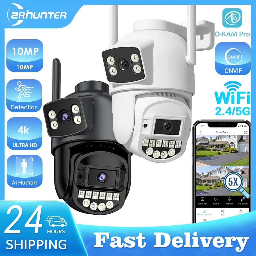 10MP 6K HD PTZ IP Camera Outdoor 5G WIFI Camera Dual Lens Dual Screen 360° Visual Angle AutoTracking Security Protection Camera