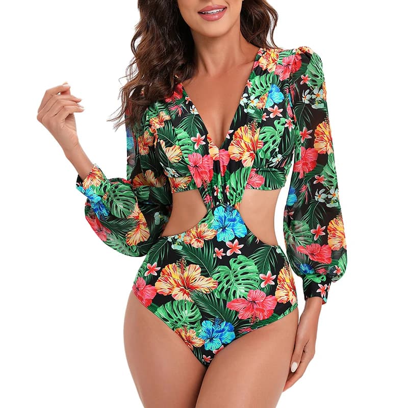 MUOLUX 2023 New Sexy One Piece Monokini Vintage Women Long Sleeve Swimwear Cut Out Swimsuit Deep V Monokini Surfing Beachwear