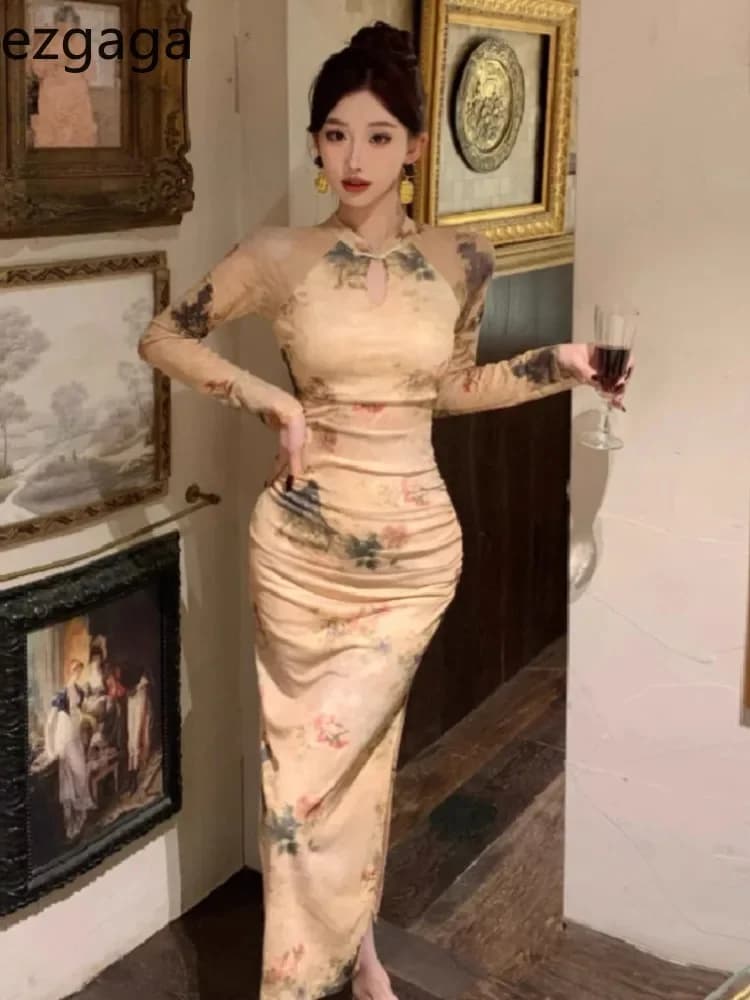 Ezgaga Dresses Women Fashion Sexy Floral Mesh Hollow Out Split Long Sleeve Vintage Temperament Elegant Party Dress Ladies Autumn