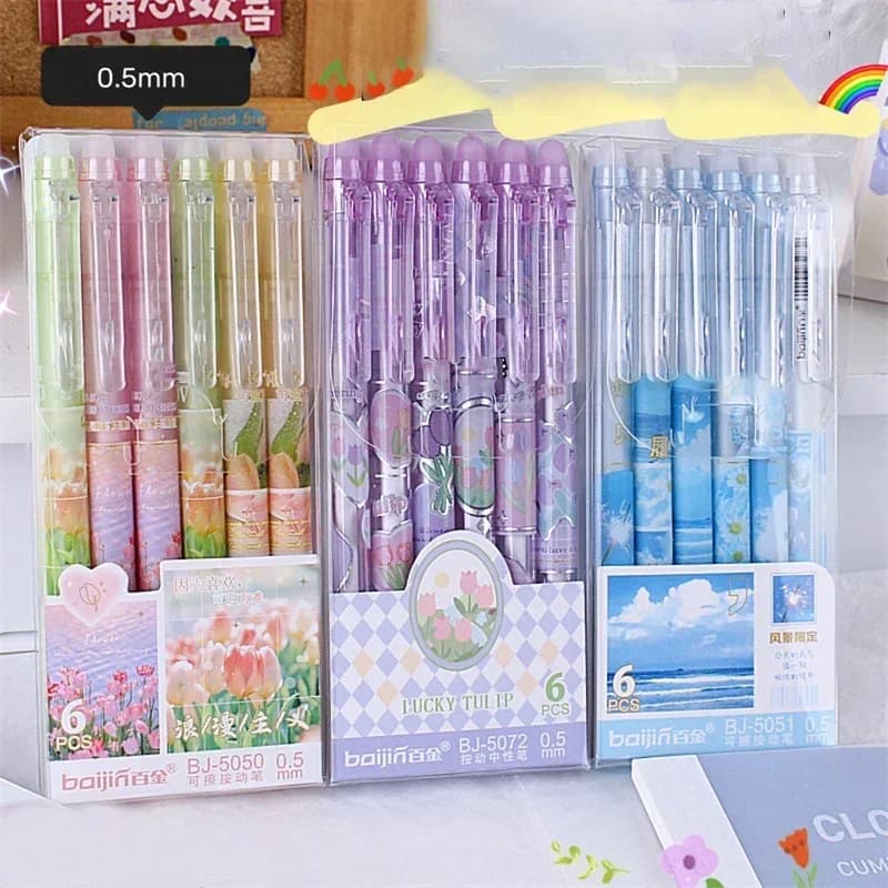 6pcs Erasable Gel Pens Romantic Flowers Blue Black Ink Signature Pens with Erasers 0.5mm Cute Pens Writing Tools Office School
