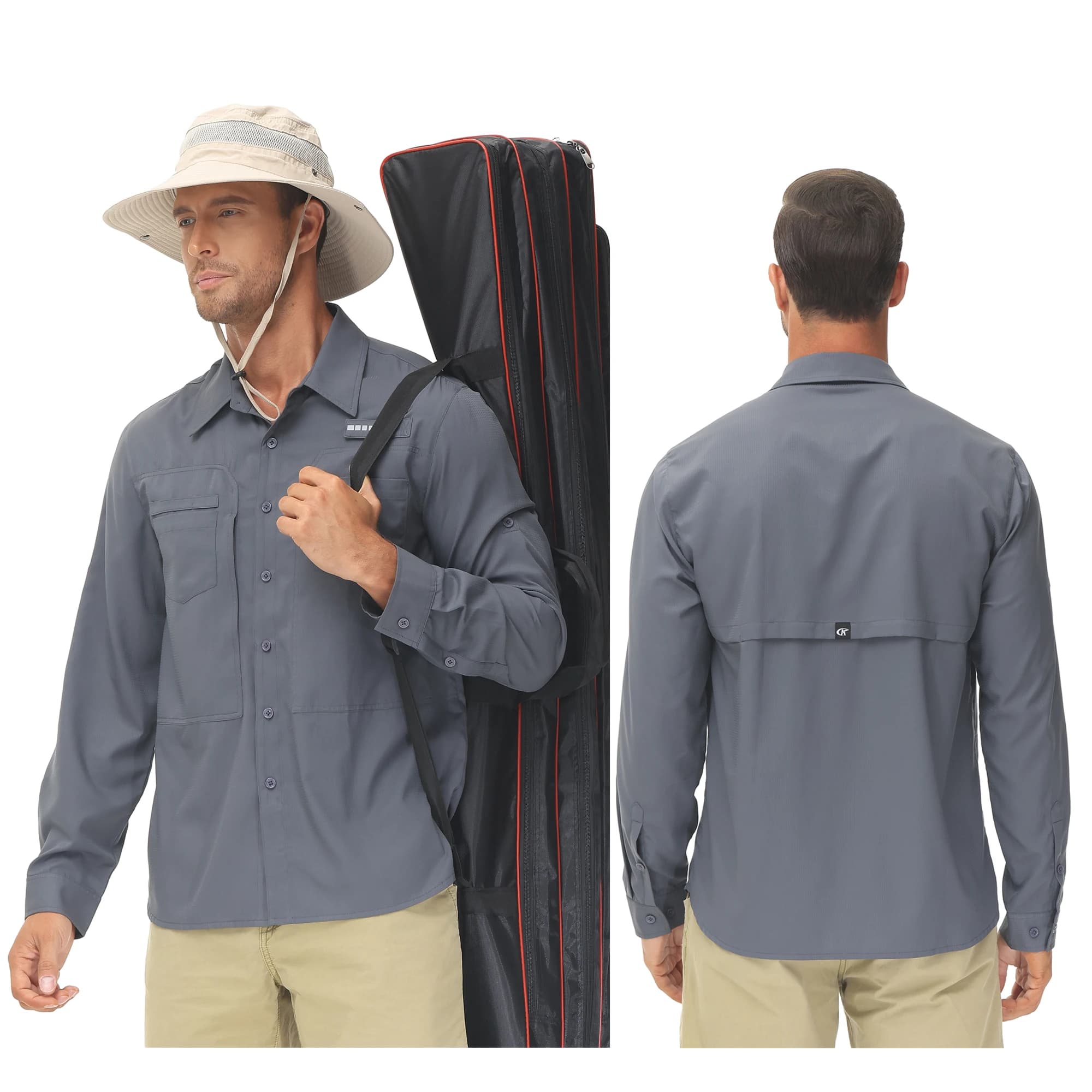 UPF 50+ Long Sleeve Fishing Shirts, Men's Casual Cargo Shirt Button Down Blouse, Hiking Shirts with Multifunction