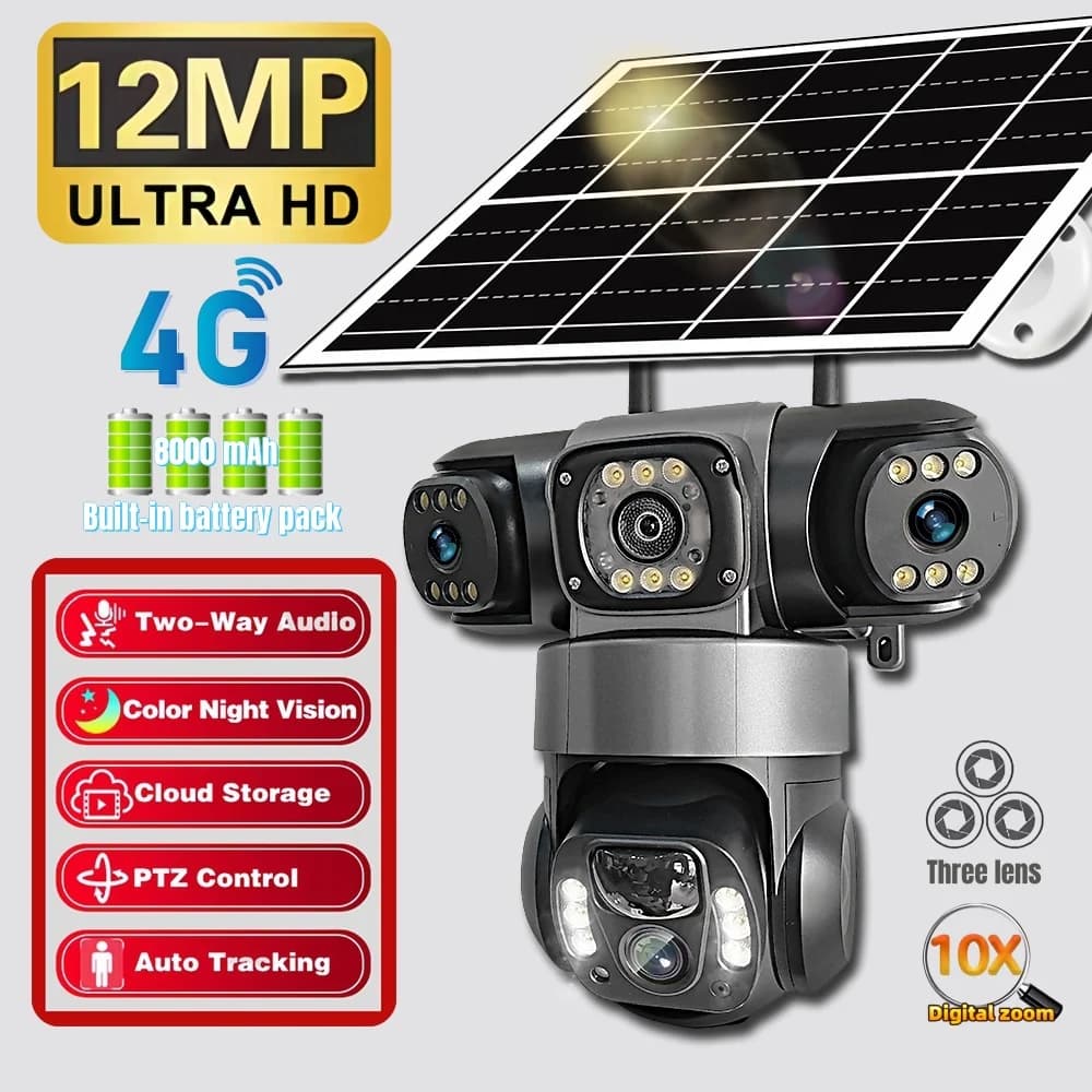 V380Pro Triple Lens 4G Solar Camera Outdoor 12MP 10X Zoom Triple Screen PIR Motion Detection Security Surveillance IP66 PTZ Cam