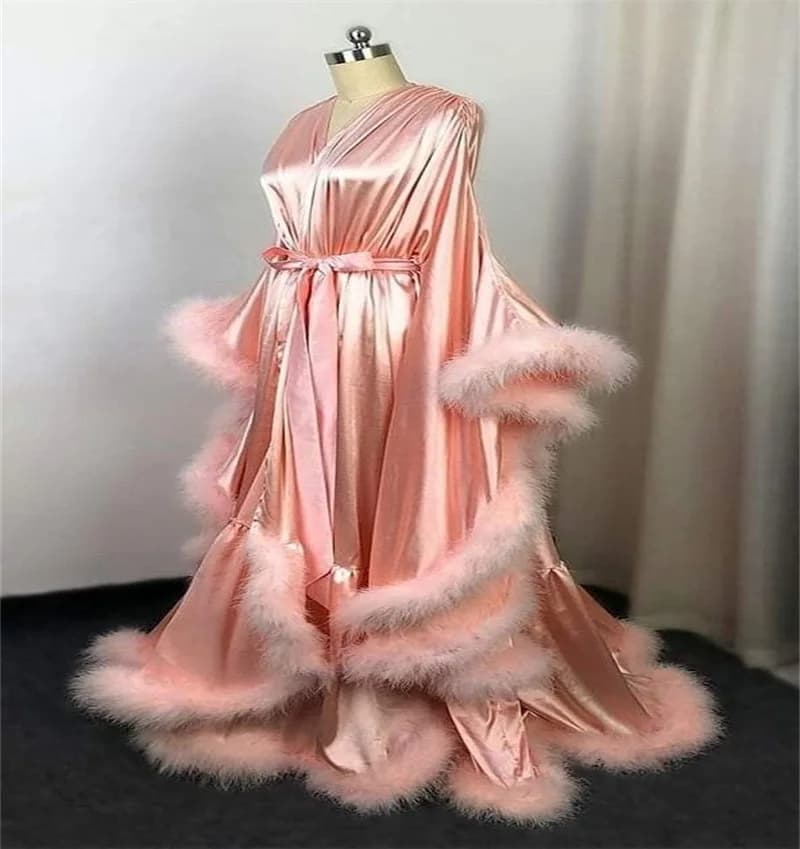Feather Satin Women Prom Dress Sexy V Neck Full Sleeves Belted Bridal Party Gown Evening Gown Sleepwear Customized Skirt