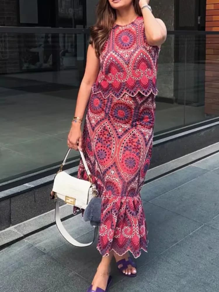 Women Embroidery Hollow Out Suit 2025 Summer Casual Chic O-Neck Fashion Sleeveless Top Long Skirt Fashion Suit