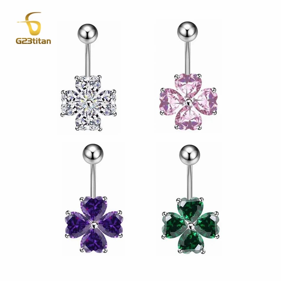 G23titan Bright Crystal Clover Belly Button Ring for Women Love Heart Petal Zircon G23 Titanium Body Piercing Jewelry Navel Bar