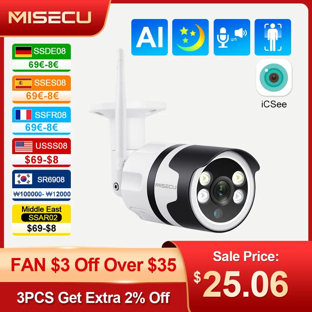 MISECU 3MP 5MP WIFI IP Outdoor Camera AI Human Detection Full Color Night Vision Waterproof CCTV Video Security Camera P2P Onvif
