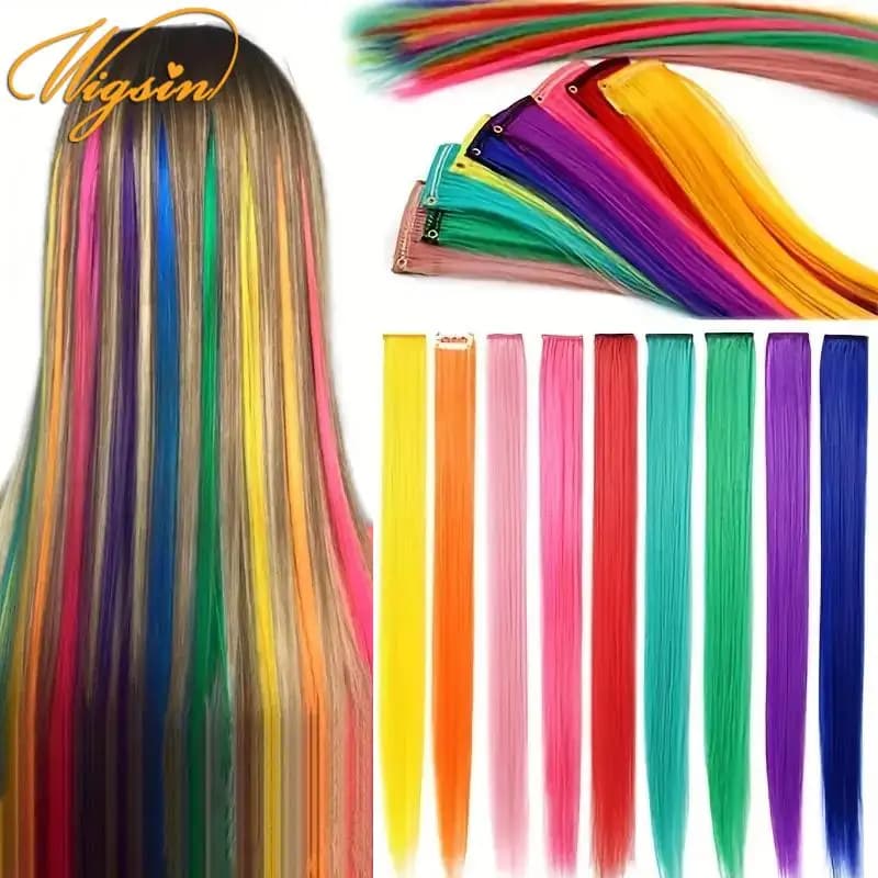 WIGSIN 10PCS/Pack Synthetic Colored Party Highlights Clip in Hair Extensions for Girls Omber Colors Long Straight Hairpieces