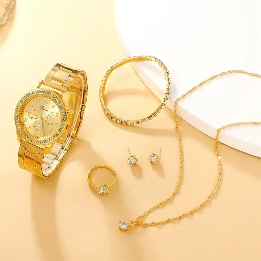 6PCS Set Rose Gold Luxury Watch Women Ring Necklace Earring Rhinestone Fashion Wristwatch Casual Ladies Bracelet Watches