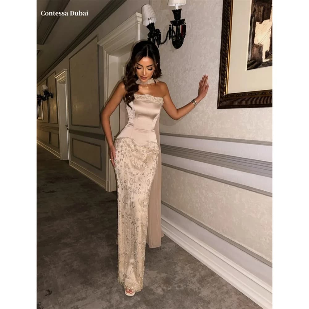 Contessa Dubai Champagne Vintage Bead Embroidery Prom Dress Strapless Neck Ribbonفساتين سهراتSheath Sweep Train Srobes de soirée
