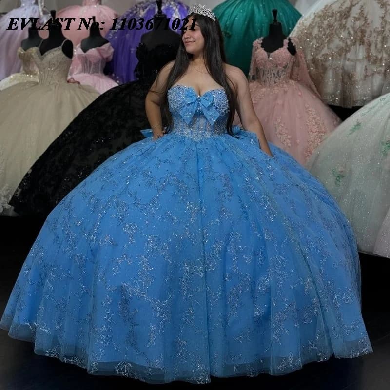 EVLAST Customized Blue Quinnceanera Dress Ball Gown Shiny Lace Applique Beaded Bow Corset Sweet 16 Vestidos De 15 Anos SQ633