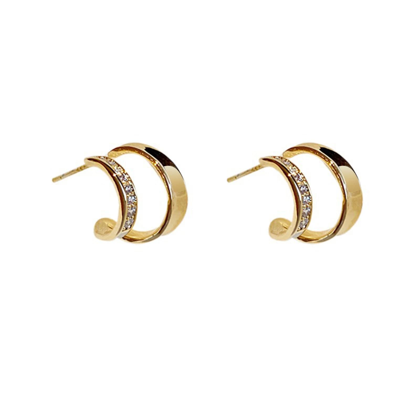 Mini Double Layered Open Hoop Earring, Women's Zircon Earrings Gold Plated Party Jewelry