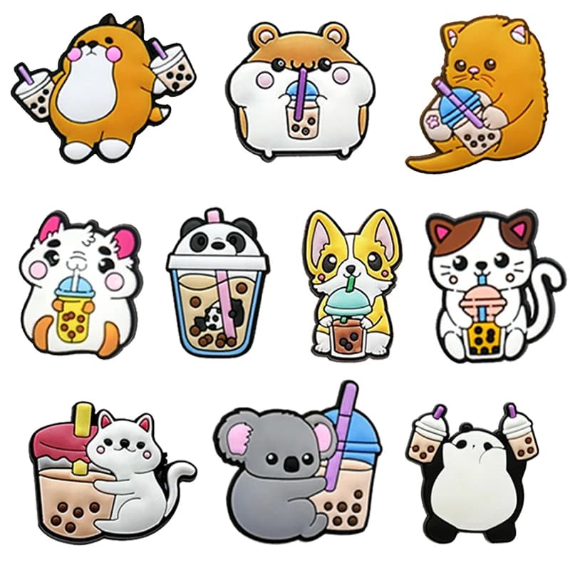 Hot Sale 1 Pcs Cute Milk tea Cat Shoe Charms for Crocs Accessories Charms Clog Sandals Decorations Pins Kids Women Favor Gift