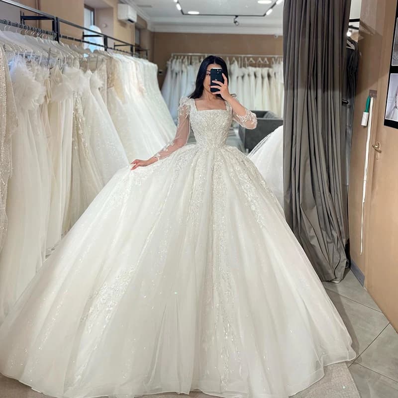 Eightree White A-Line Wedding Dresses Formal Square Neck Long Sleeve Wedding Gown Boho Beach Bridal Prom Long Dress Customized