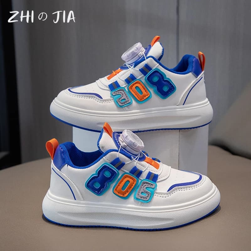 Children's Rotary Buckle Leather Casual Sneaker Autumn New Boys Girls Running Shoes Student Fashion Trend Little White Footwear