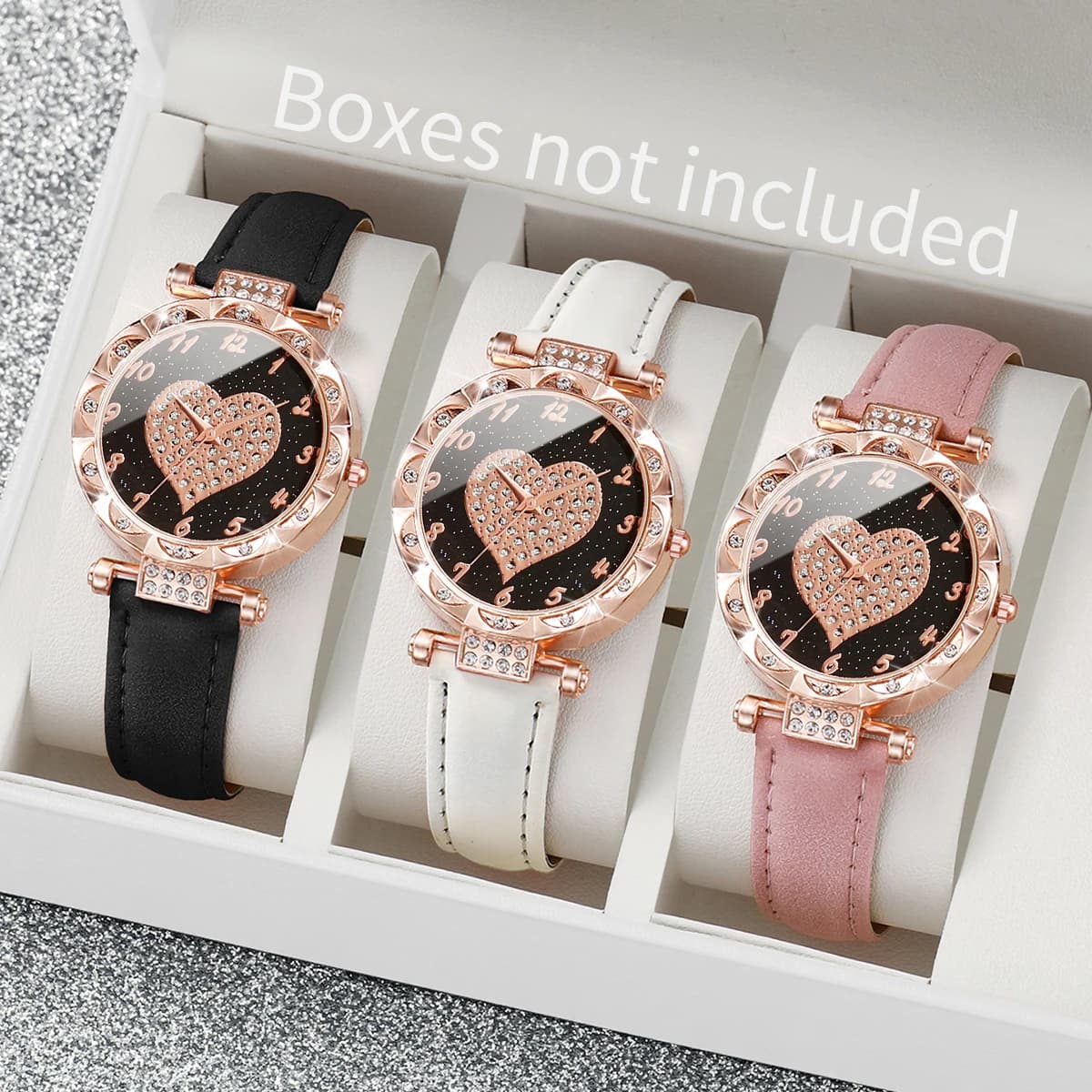 3PCS Women Watches Fashion Rhinestone Heart Dial Quartz Watch Female Leather Band Wristwatches Set(Without Box)
