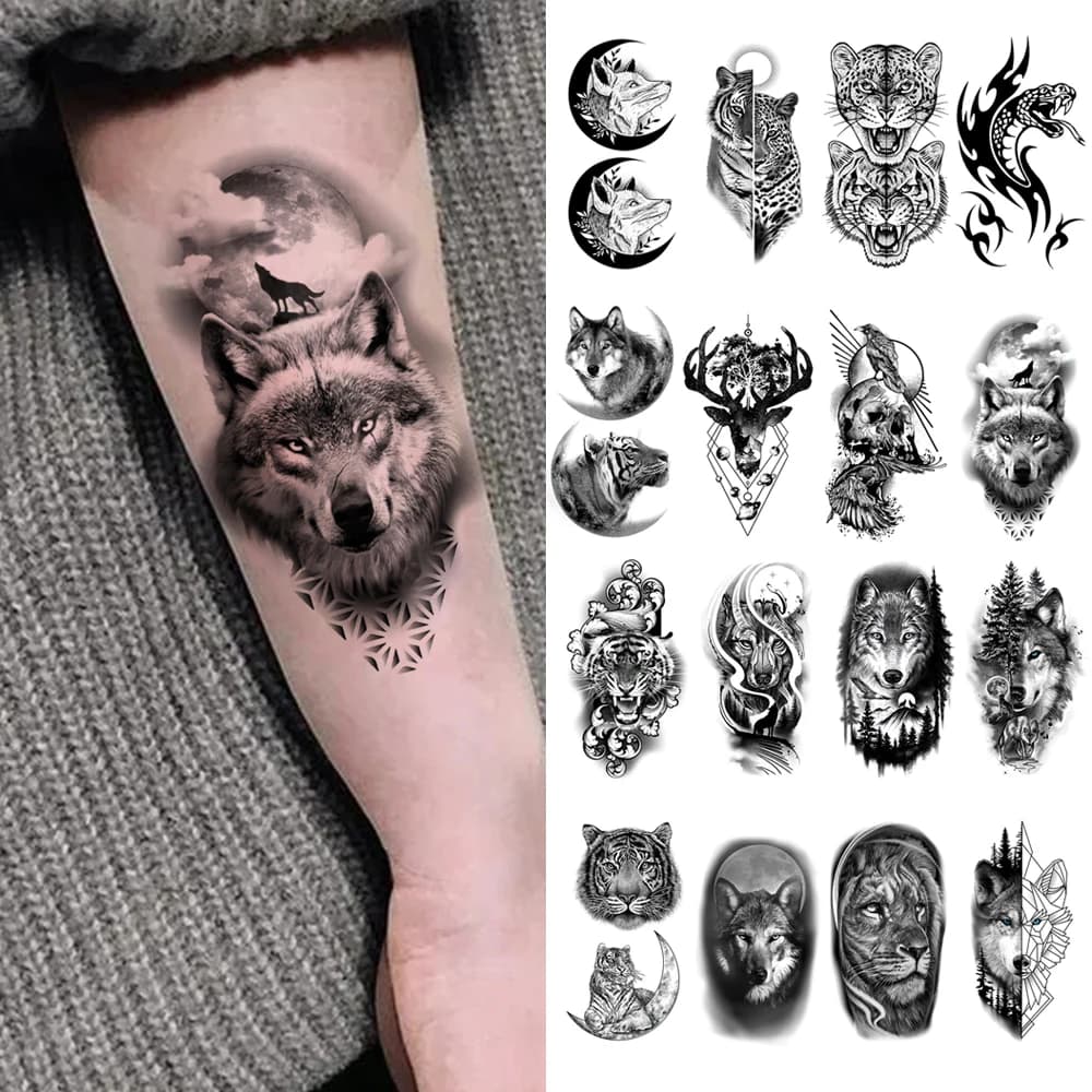 10pcs Waterproof Temporary Tattoo Sticker Dark Wolf Lion Tiger Eagle Snake Deer Skeleton Scorpion Body Art Arm Tattoo Women Men