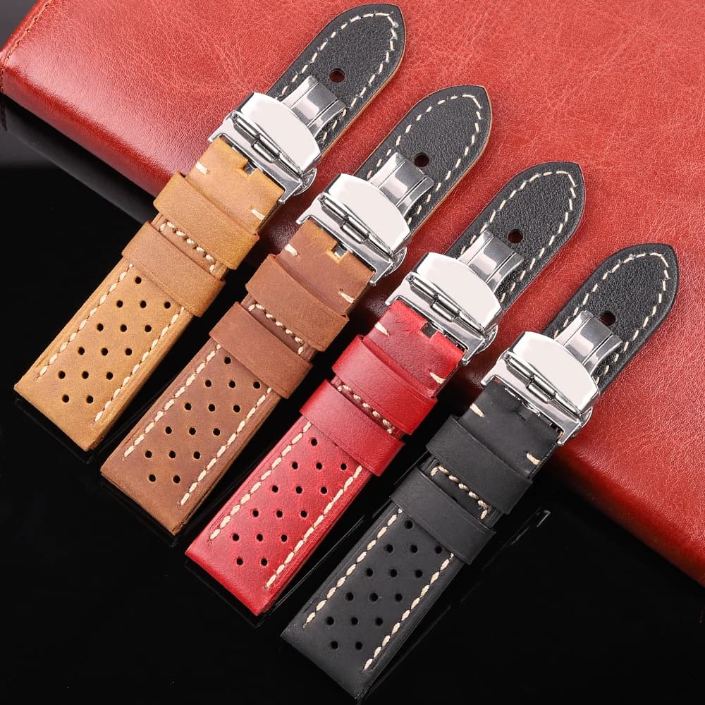 Genuine Leather Breathable Watch Strap for Men Women 5 Colors 20mm 22mm 24mm Watchband Deployment Clasp for Smart Watches