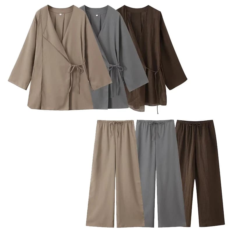 Willshela Women Fashion 2 Piece Set Solid Lace Up Shirts & Vintage Elastic Waist Trousers Feamle Chic Lady Pants Sets