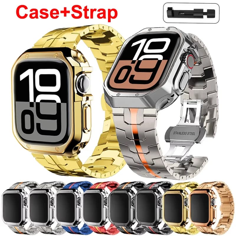 Luxury Strap+Case For Apple Watch Series 10 46mm 42mm 9 8 SE 45mm 41mm 44mm 38mm 40mm Stainless Steel Band iWatch Ultra 2 49MM