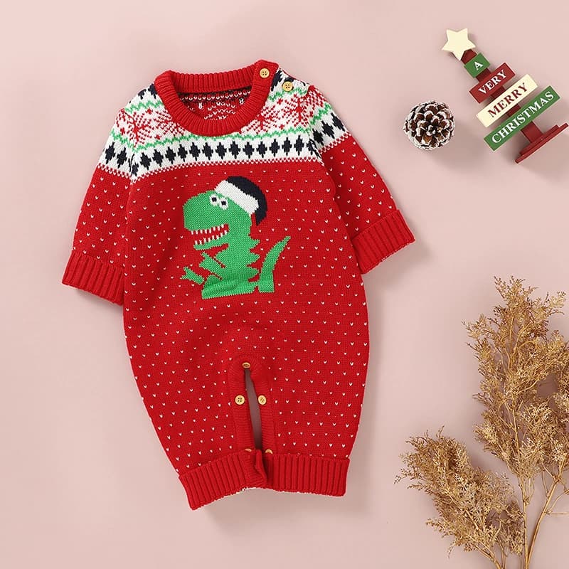 Infant Toddler Unisex Jumpsuit Winter Holiday Cozy Round Neck Reindeer Pattern Knit Loose Fit Button Romper
