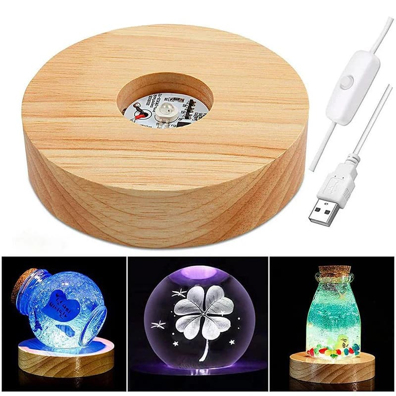 10cm Wood Light Base Rechargeable Wooden LED Light Rotating Display Stand Lamp Holder Lamp Base Art with Power Adapter