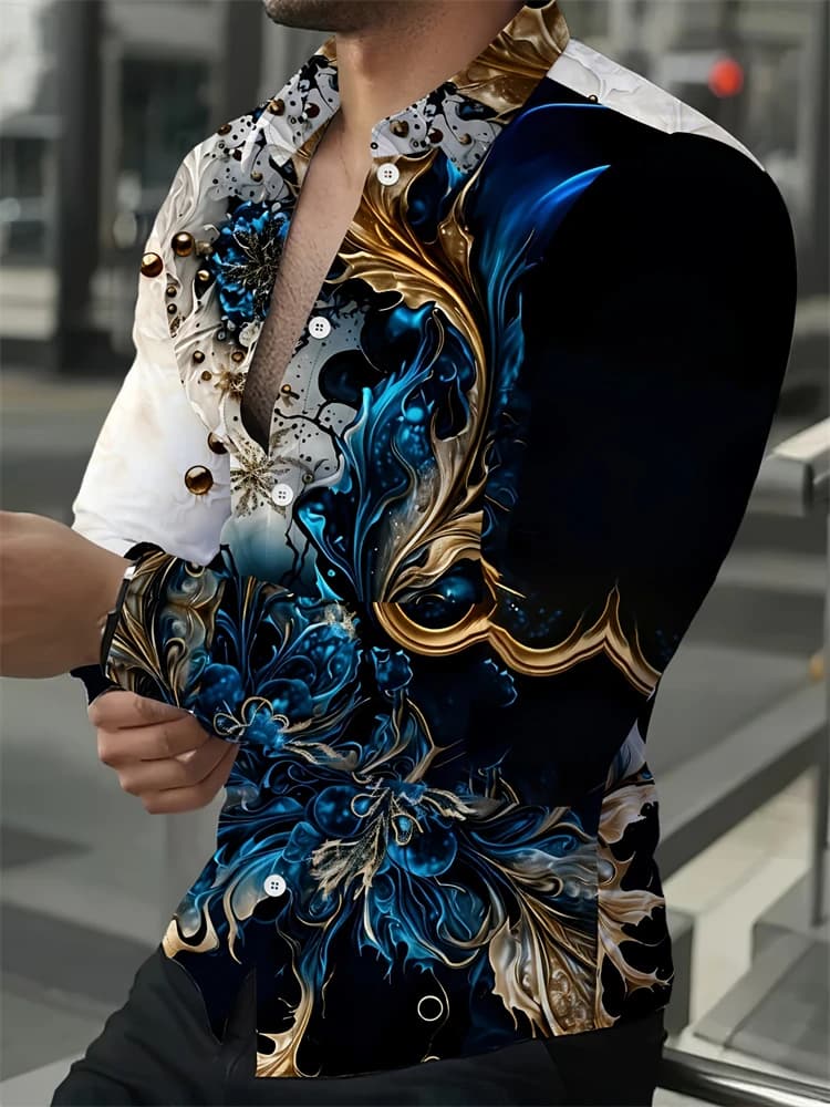 2025 Spring Men's Shirts Fashion Retro Street Texture Printed Shirts Men's Long-sleeved Lapel Shirt Shirt Top Office Clothing