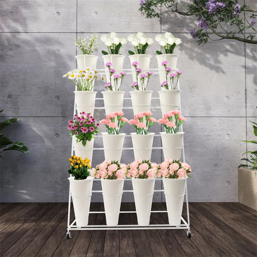 2-Tier/3-Tier/4-Tier Flower Display Stand - Movable Flower Holder, Metal Plant Stand with 4/6/9/12/16 Pcs Buckets