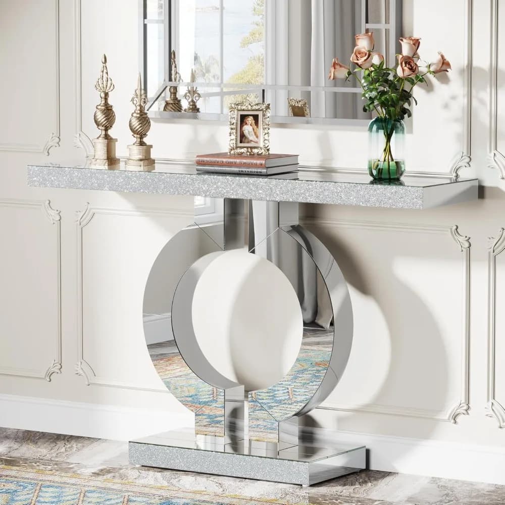 Mirrored Console Table, Modern Silver Entryway Table with Sparkling Crystal Inlays, Mirror Finish for Entrance, Living Room