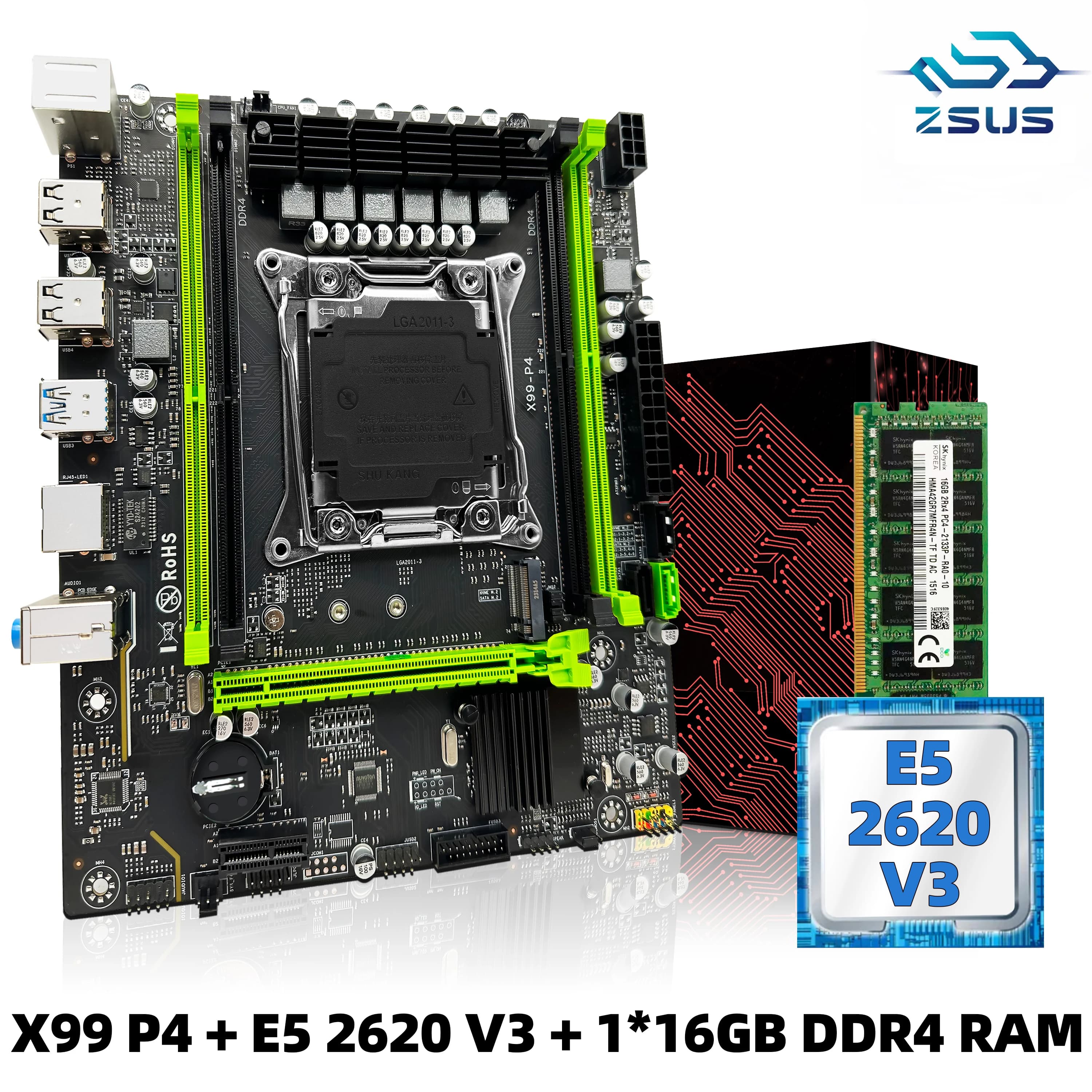 ZSUS X99 P4 Motherboard Set Kit With Intel LGA2011-3 Xeon E5 2620 V3 CPU DDR4 16GB (1*16GB) 2133MHZ RAM Memory NVME M.2 SATA