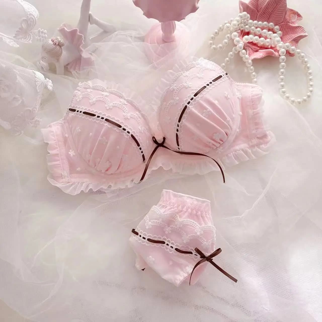 Small fresh Japanese ribbon lingerie embroidery thin cup student girls cute bralette women sexy underwear bra set