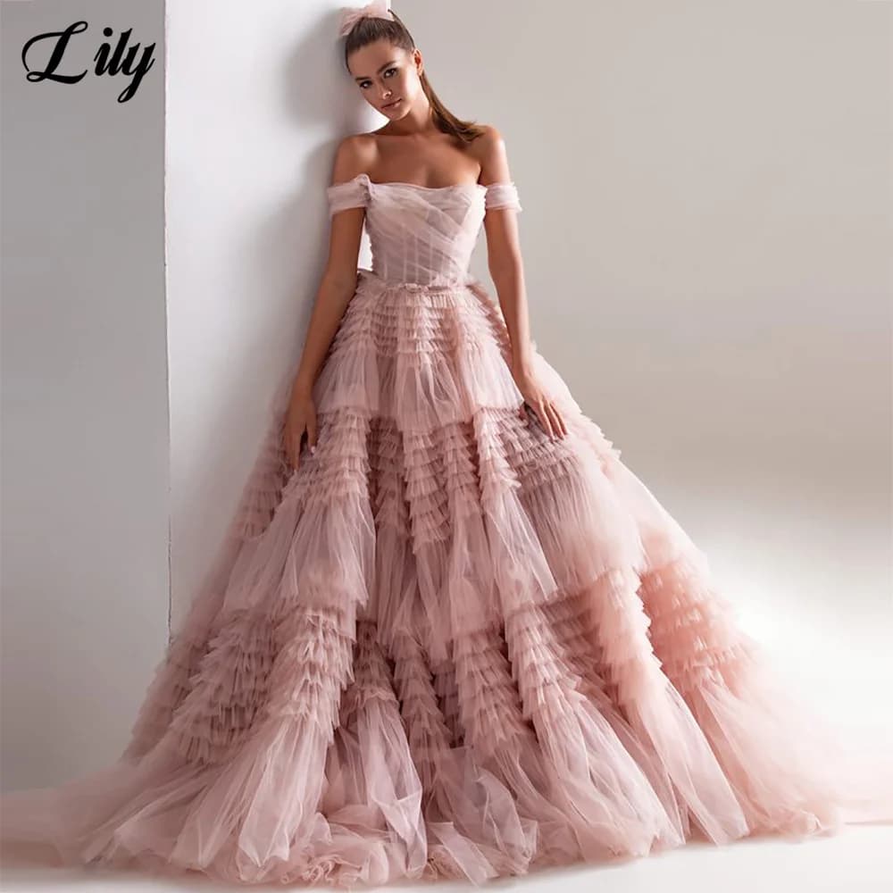Lily Pink Net Formal Dress Tiered Layer Strapless Party Dress For Wedding Off the Shoulder Special Occasion Dresses robe soirée