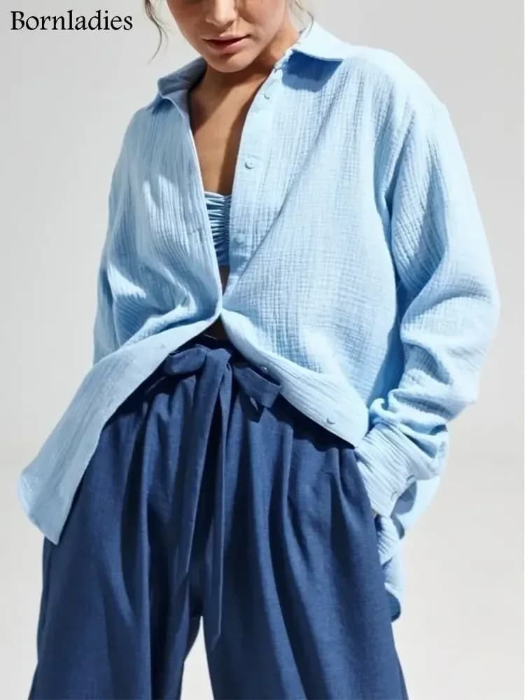 Bornladies 2025 Women's Spring Summer 100% Cotton Shirts Office Lady Fashionable Solid Lady Long Sleeve Loose Tops Crepe Shirts