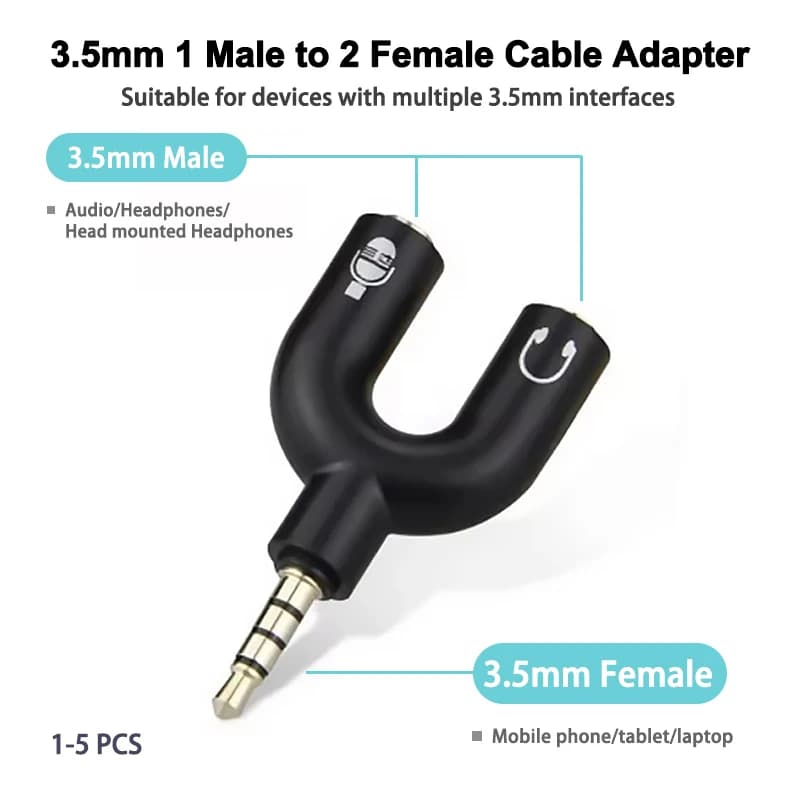 3.5mm headphone splitter microphone adapter U-shaped stereo 3.5mm1-2 audio Splitter Adapter, for PS4 PC Laptop Ear Headset Cable