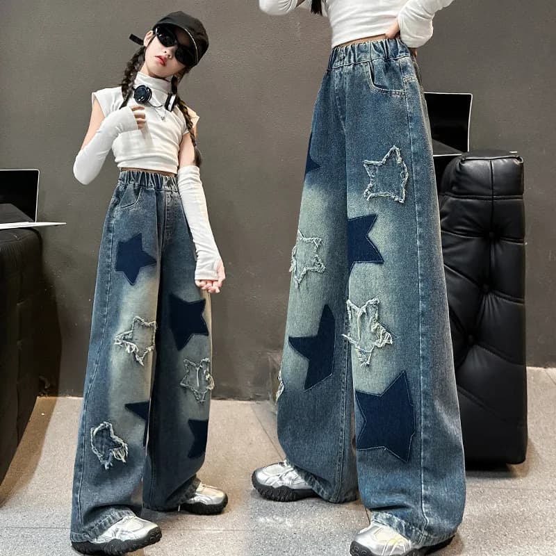 Girls Star Design Casual Loose Jeans Teens School Children Trousers for Spring/Autumn Elastic Waist Fashion Kids Straight Pants