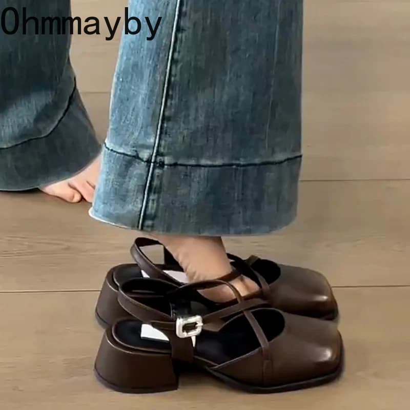 Designer Cover Toe Women Mary Jane Shoes Fashion Cross Buckle Singbacks Shoes 2025 Spring Female Thick Heel Shoes