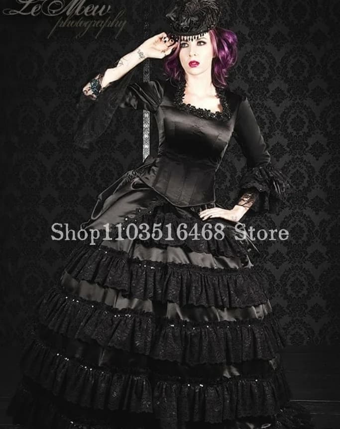 Puffy Gothic Victorian Prom Dresses Corset Corset Corset Long Sleeve Lace Cake Dresses Halloween Cos play Black White Masquerade