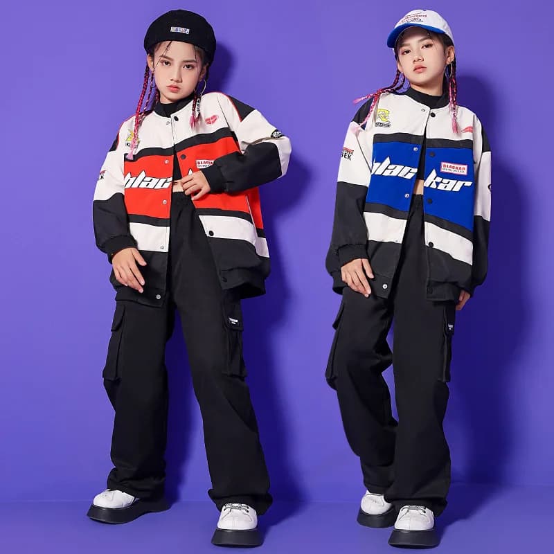 Kid Hip Hop Clothing Racing Motorcycle Jacket Top Black Streetwear Casual Cargo Pants for Girls Boys Jazz Dance Costume Clothes