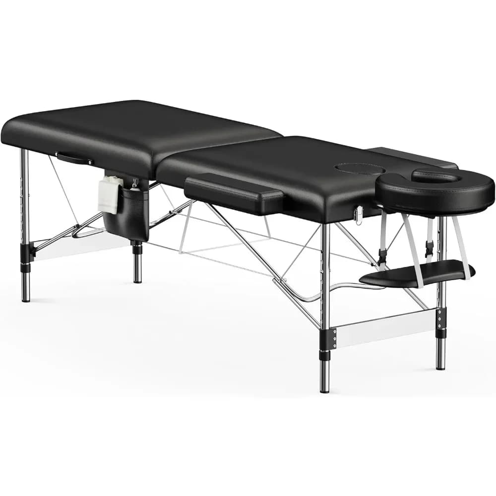 24" Wide Massage Bed, Aluminum Height Adjustable 2-Fold Tattoo Waxing Salon Table with Side Pockets, Headrest, and Carrying Bag