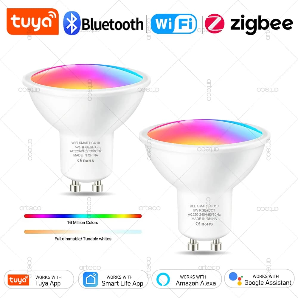 Tuya GU10 LED Bulbs WiFi Zigbee Bluetooth, RGB C+W White Dimmable Lamps, Smart Control Led Light Bulb, Voice Alexa/Google Home