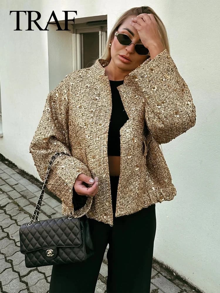 TRAFZA Women Fashion Shiny Sequin Jacket Y2k Gold Color Stand Collar Long Sleeve Short Coat Autumn Winter Ladies High Streetwear