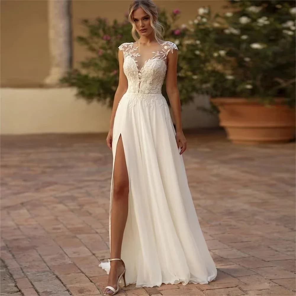Chiffon Wedding Dresses Beaded Lace Applique Cap Sleeve Sheer Neck Illusion Buttons Bridal Gown with Slit Boho Simple